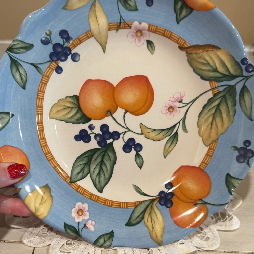 Princess House Fruit on the Vine Plates Blue Rim and Peach Rim Set of Two